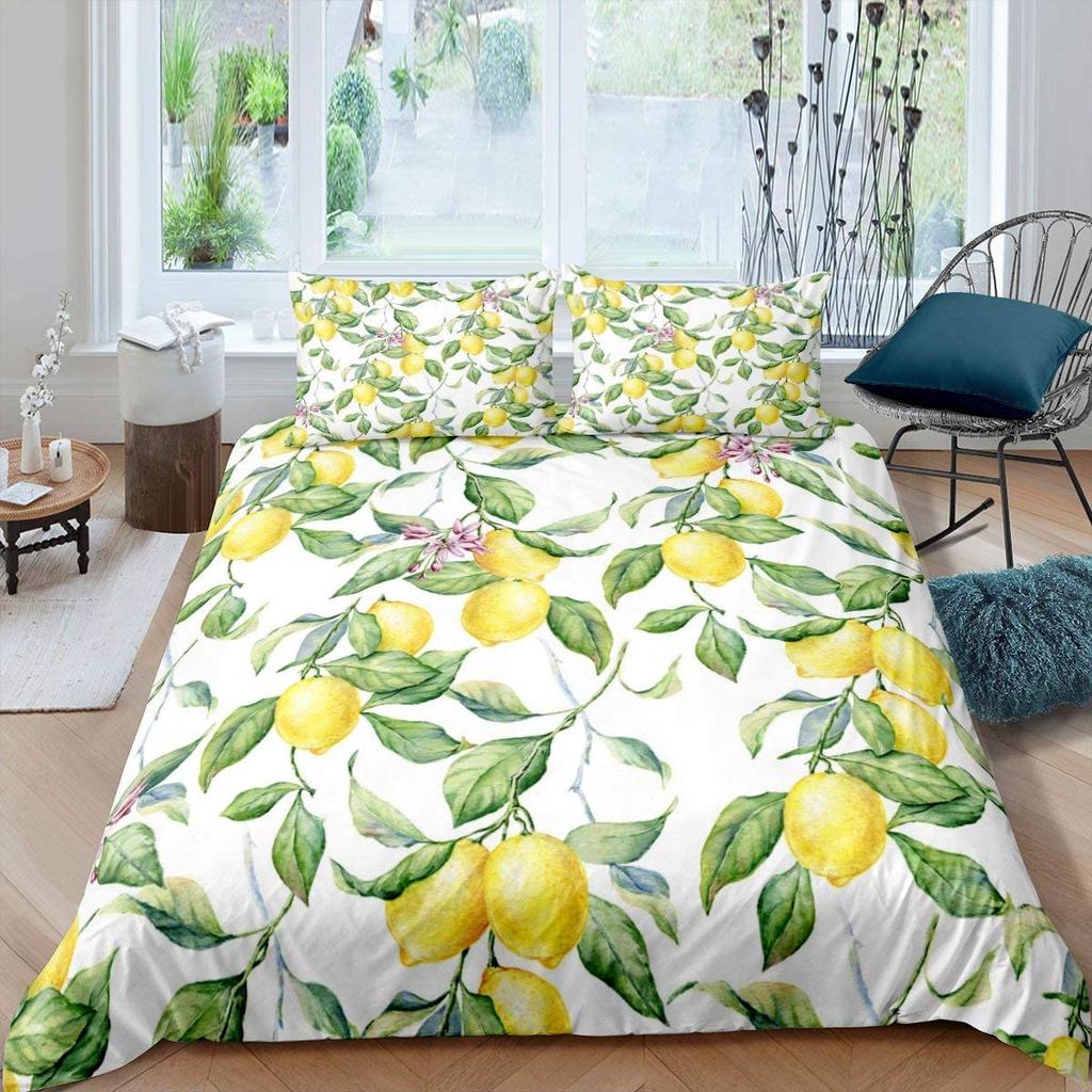 Lemon Duvet Cover Set Fresh Fruits Pattern Polyester Comforter Cover King Queen Twin Full Size For Kids Teens Adults Bedding Set