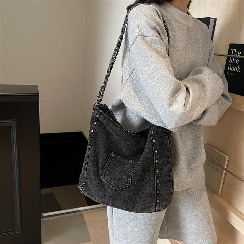 Vintage Denim Tote Bag Große Kapazität Schultertasche Damen Kette Umhängetasche