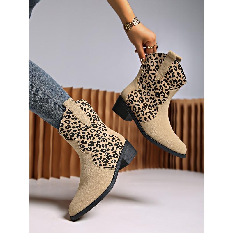 Damen Herbst-Winter Leo-Print klobiger Absatz spitzer Zehenpartie mittelhohe Martin Boots, in großen Größen erhältlich.