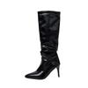 Black Silver Slouch Boots Women's Tall Boots Knee High Stiletto Soft PU Thin High Heels Shoes
