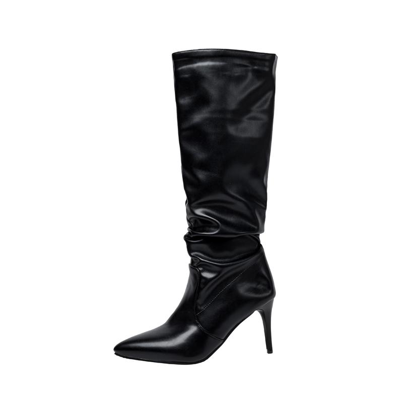 Black Silver Slouch Boots Women's Tall Boots Knee High Stiletto Soft PU Thin High Heels Shoes