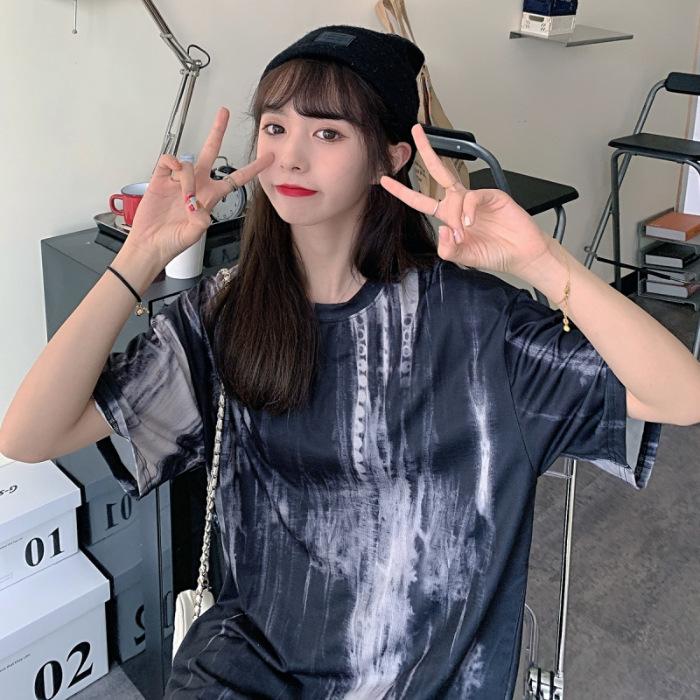 

Футболка Best Friend с короткими рукавами и принтом тай-дай для женщин. Летняя, новая, повседневная, свободная, в корейском стиле, студенческая, средней длины. 2XL