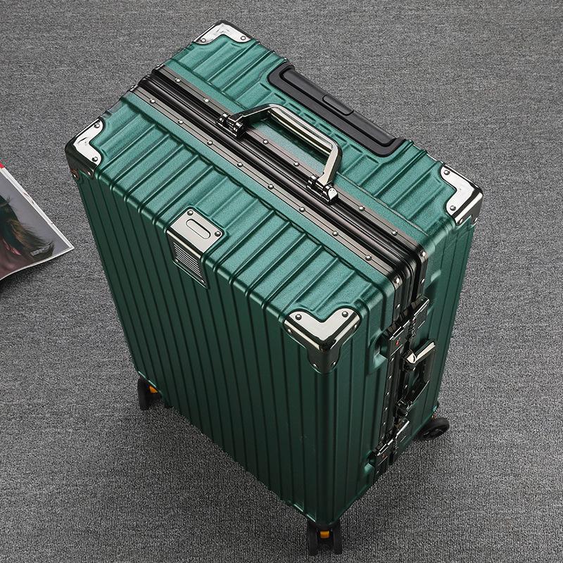 Large Capacity Aluminum Frame Travel Suitcase with Combination Lock, Trolley Wheels, and Durable Design for Men and Women.
