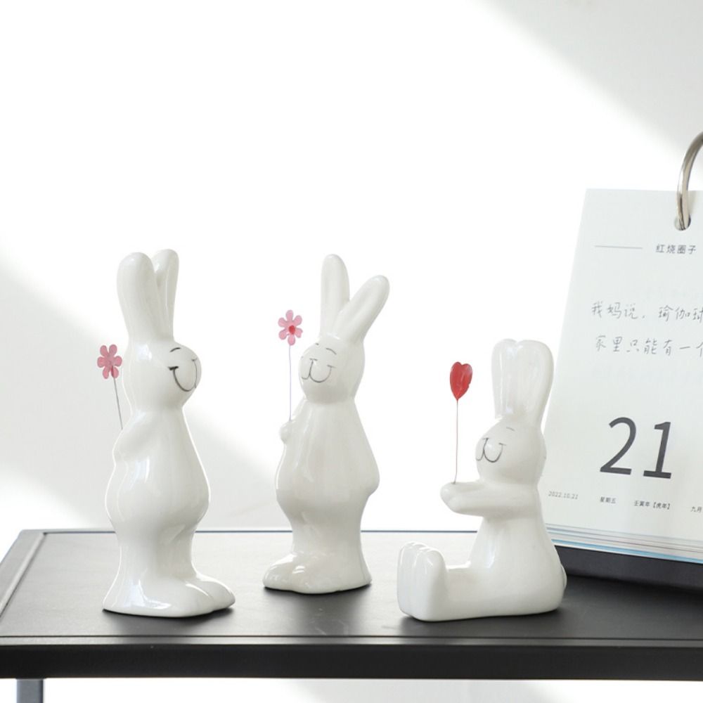 3pcs Cute Couple Rabbit Figurine Ceramic Bunny Statue Animal Sculpture Christmas