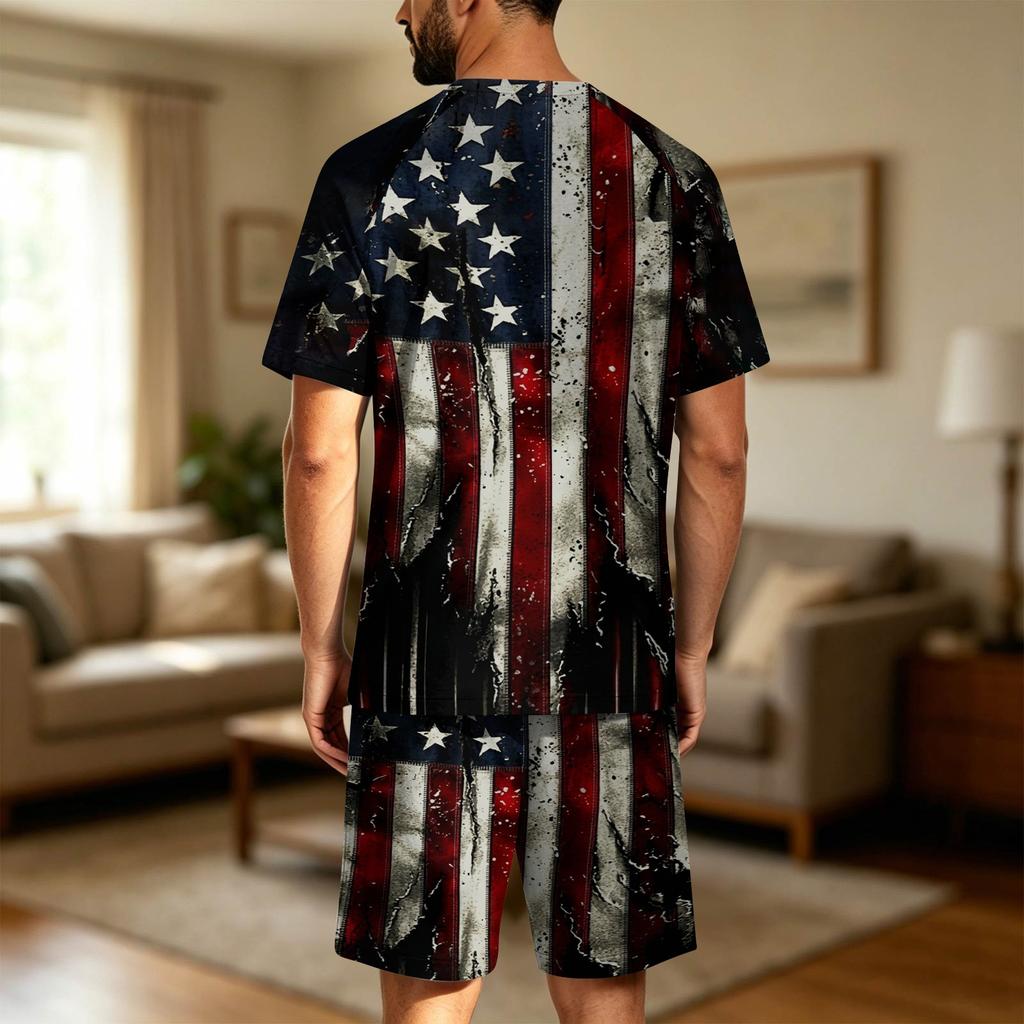 Men's Short Sleeve Pajama Set Lightweight Soft Fabric Crew Neck Top and Elastic Waist Shorts Summer Homewear Sleepwear Set