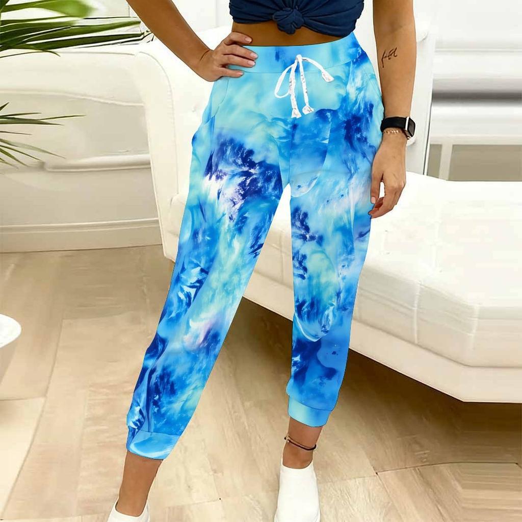 Sommer Damen Retro Print Jogginghose Lockerer Schnitt Kordelzug Jogger Elastischer Bund Tägliche Freizeit Hose