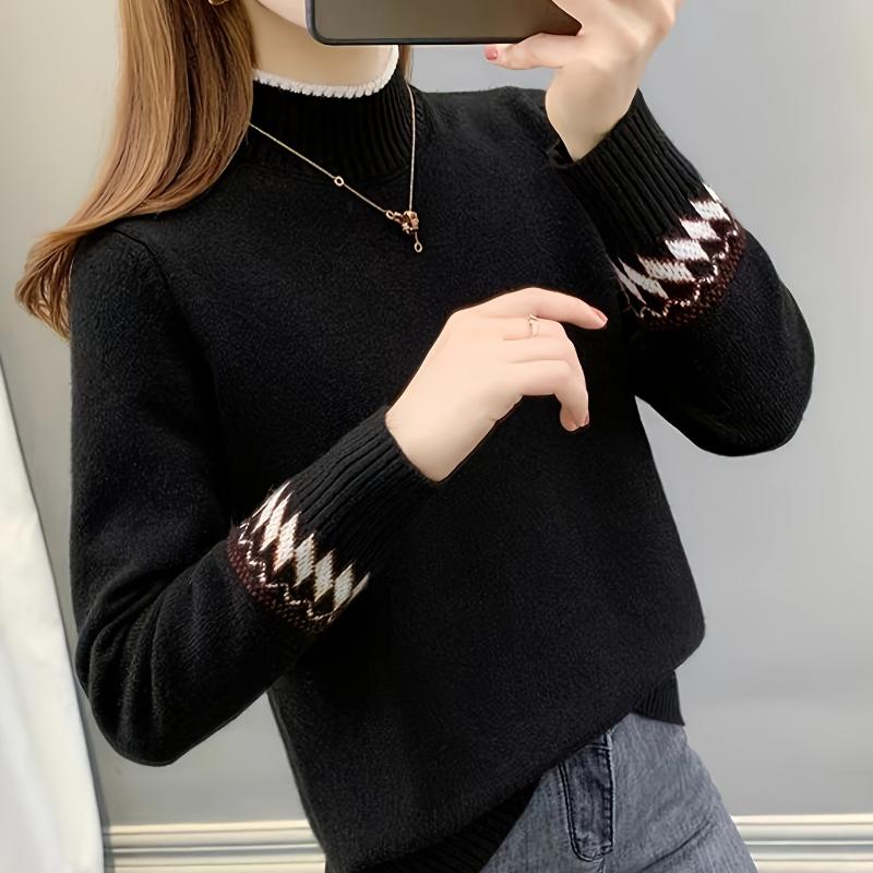 Women's Cozy Fleece-Lined High-Neck Sweater Thick Warm Long Sleeve Pullover with Soft & Stylish Fall/Winter Highneck Sweater