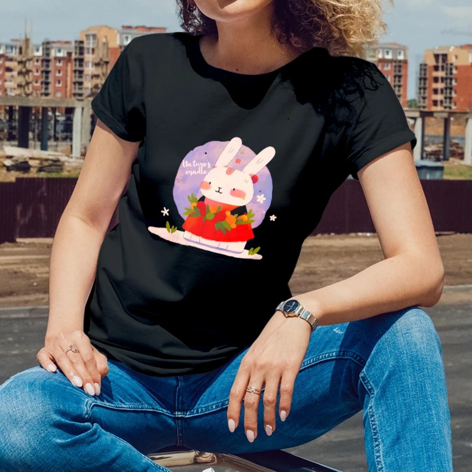 

Rabbit themed Auspicious Print for Summer Celebrations Short Sleeve T Shirt for Women with a Festive Style S чёрный
