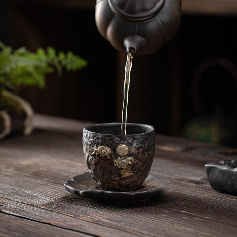 Gilt Rough Pottery Embossed Master Cup Handmade Tea Cup Vintage Iron Glaze Small Tea Cup Kung Fu Tea Set
