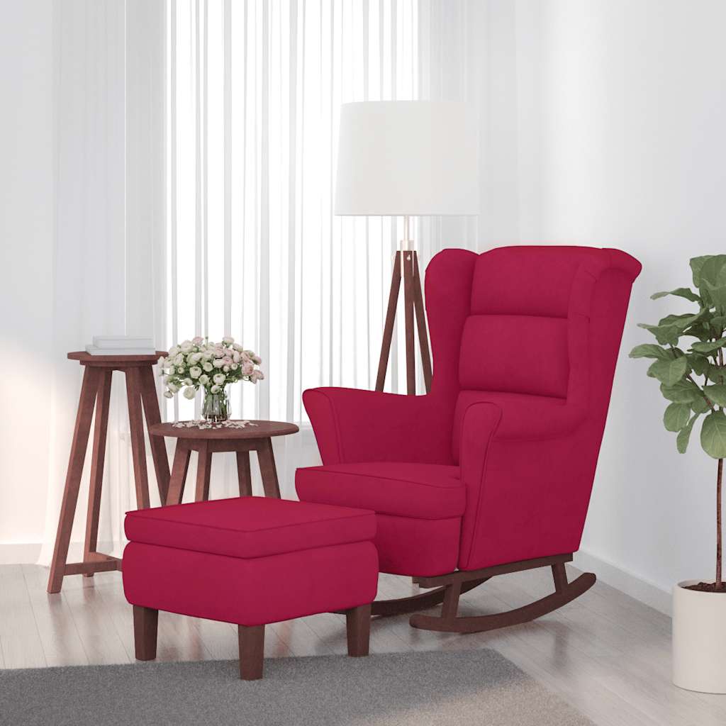 Rocking Chair Armchair in Burgundy Velvet and Solid Wood