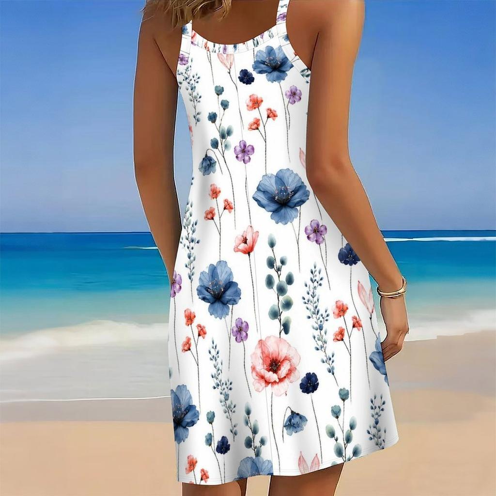 Women Plus Size Scoop Neck Sleeveless Floral Printed Loose Fit Curved Hem Cami Beach Dress