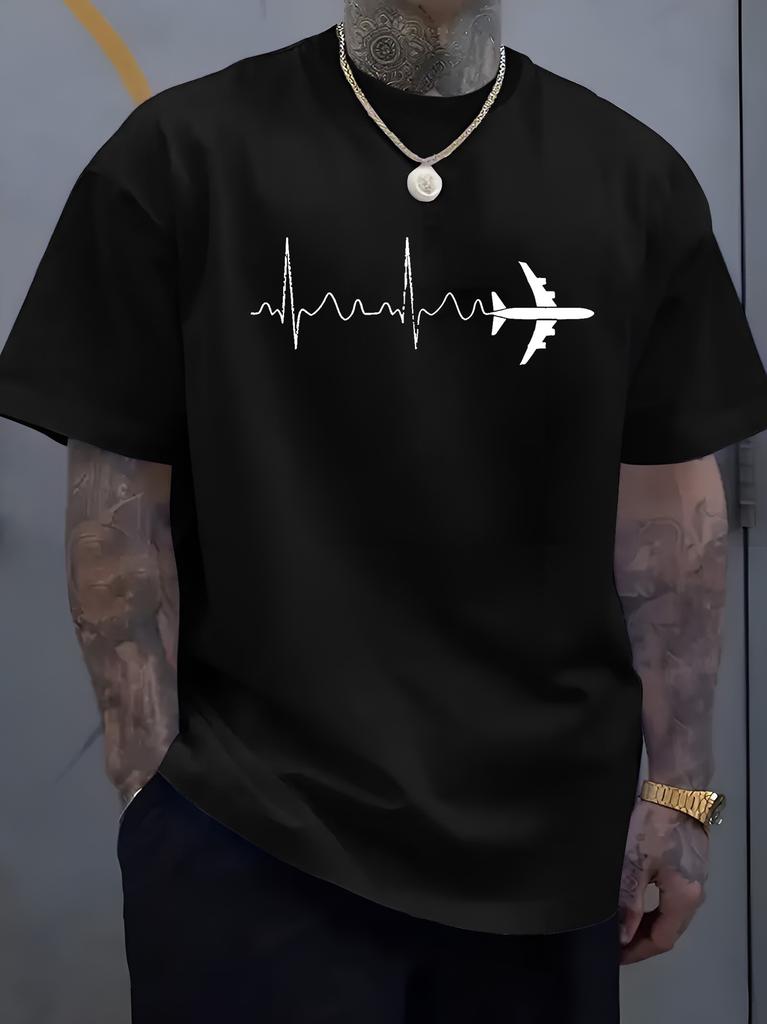 Unisex O Neck Tee Airplane Heartbeat Line Graphic Print Cotton Short Sleeve Loose Summer Breathable Daily Casual Basic Wear Top