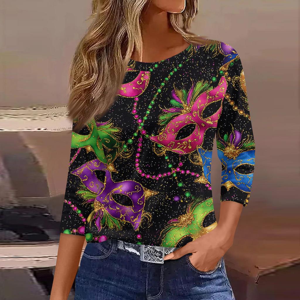3/4 Length Sleeve Womens Tops Floral Print Vintage Fashion Casual Loose With Round Neck Plus Size Shirts