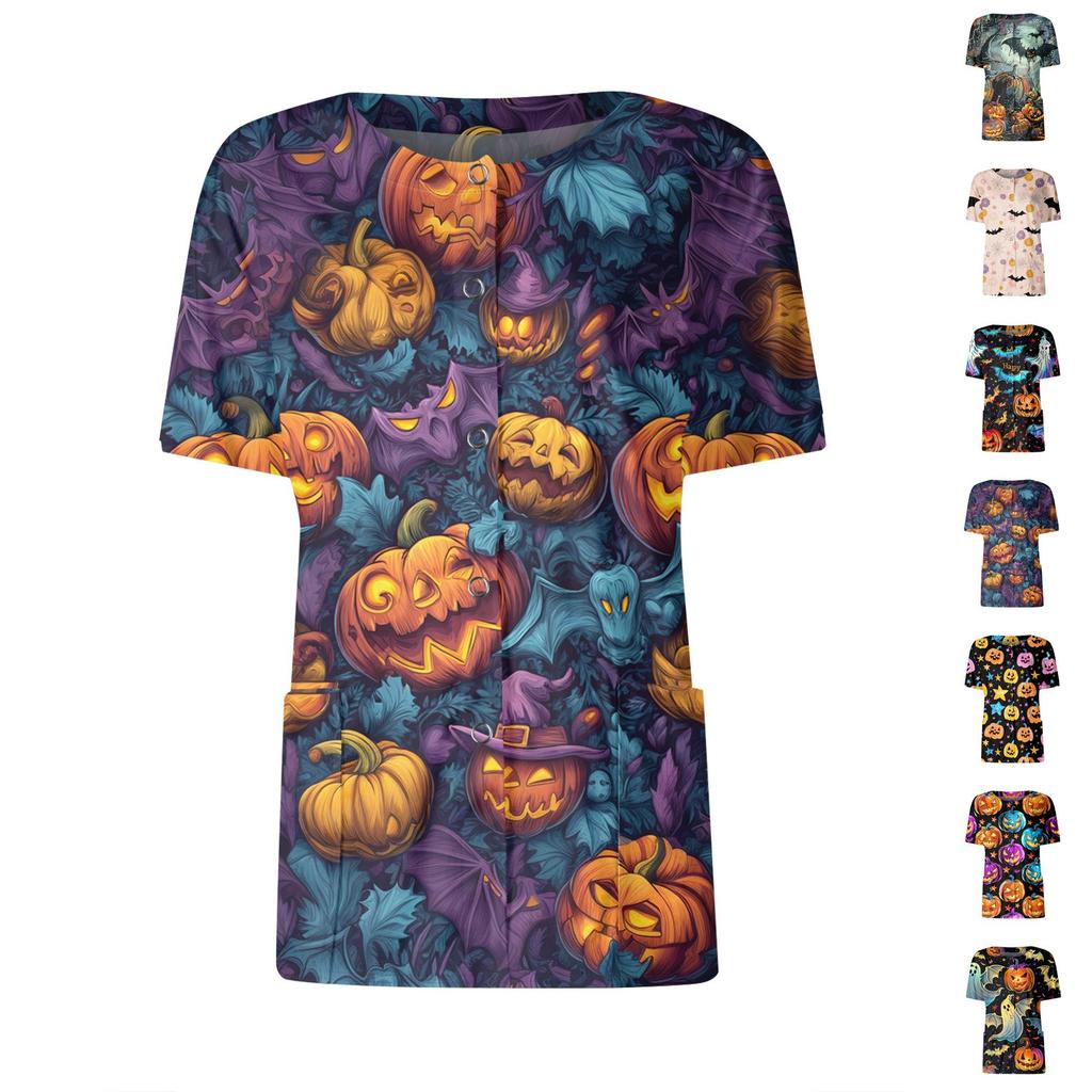 Women's Short Sleeved Patterned Pockets, Work Print Stand Up Collar, Single Breasted Protective Clothing, Cardigan Jacket, Top