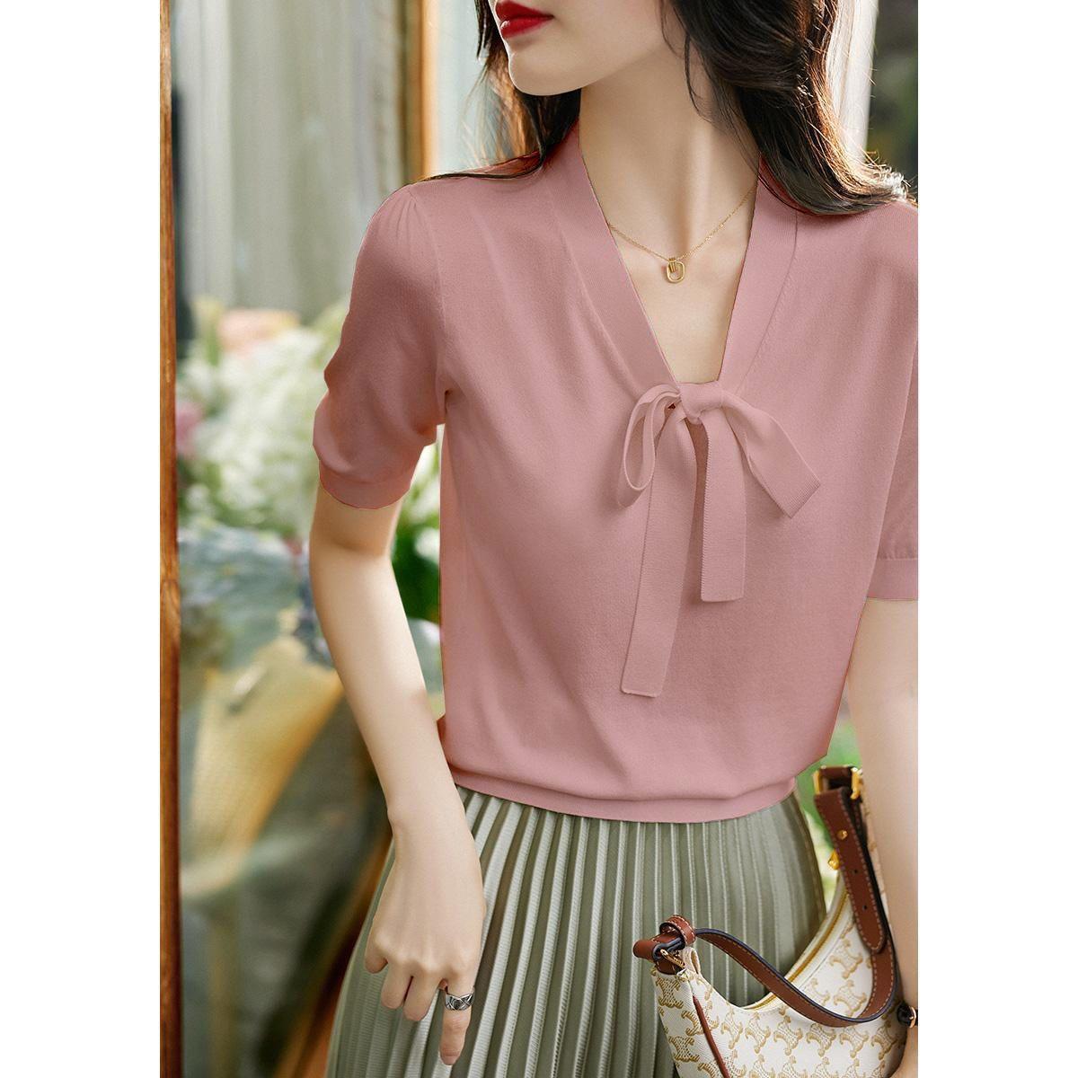 

Летняя женская футболка Ice Silk с короткими рукавами, женская трикотажная футболка с V-образным вырезом и завязкой, свободная, с короткими рукавами 3XL