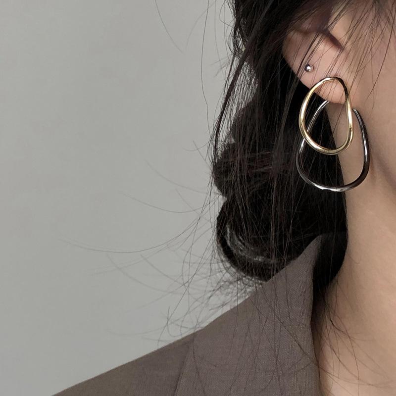 Silver needle cold wind new contrasting color oval earrings retro stud earrings elegant simple versatile earrings women