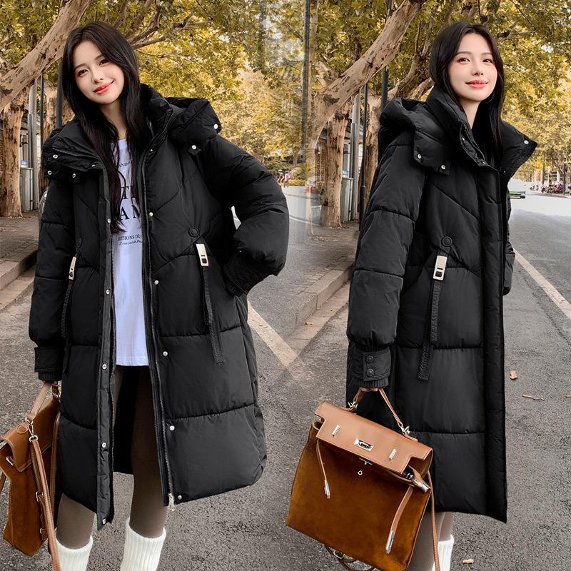 Schwarze lange Baumwollkleidung Damen Winter neu kniewarm Baumwollkleidung College-Stil verdickte Brotkleidung Jacke