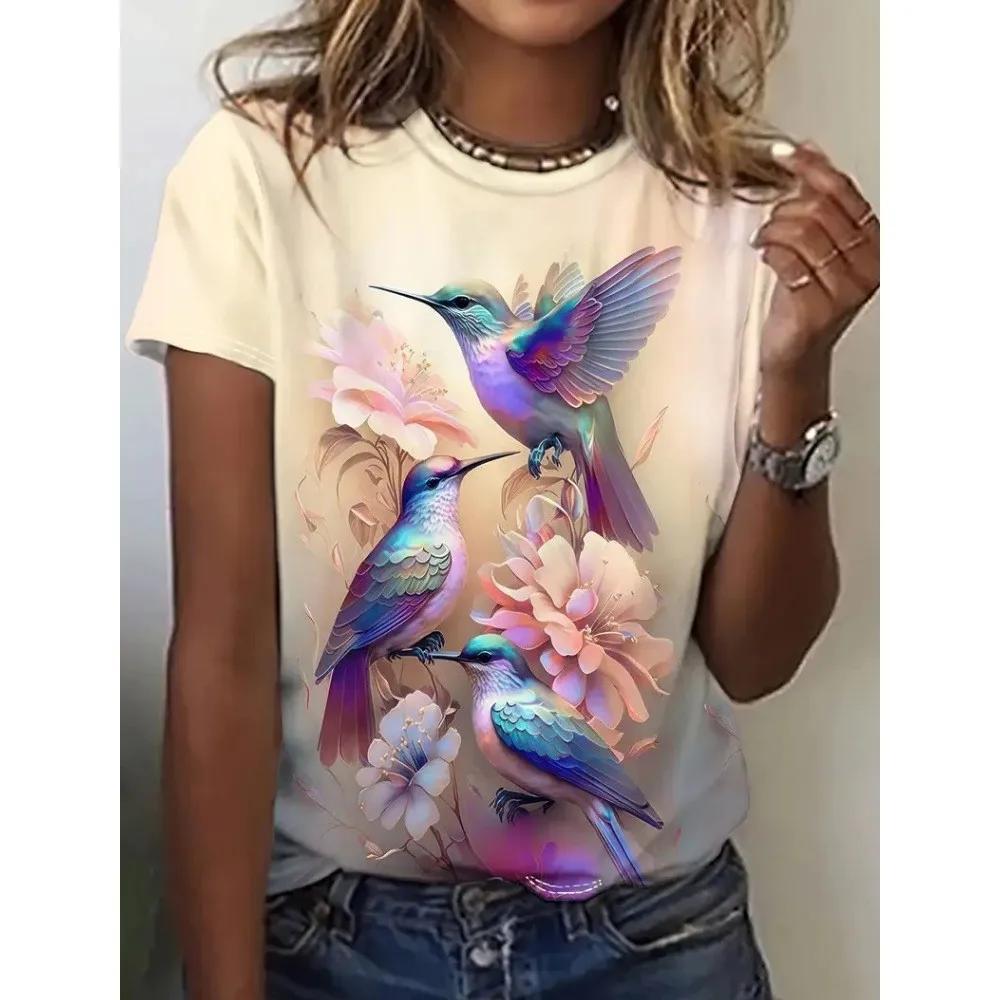 Color Animal Bird 3D Print Women Casual O-Neck Short Sleeve Harajuku Streetwear Y2k Tops