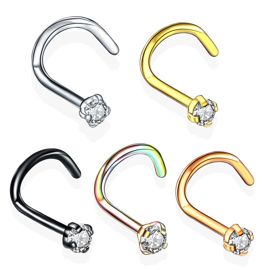 1PC 20G Steel Prong CZ Nose Screw Rings Nariz Earring Nostril Piercings Opal Twist Curved Bar Gem Nose Bone Stud Rings Jewelry