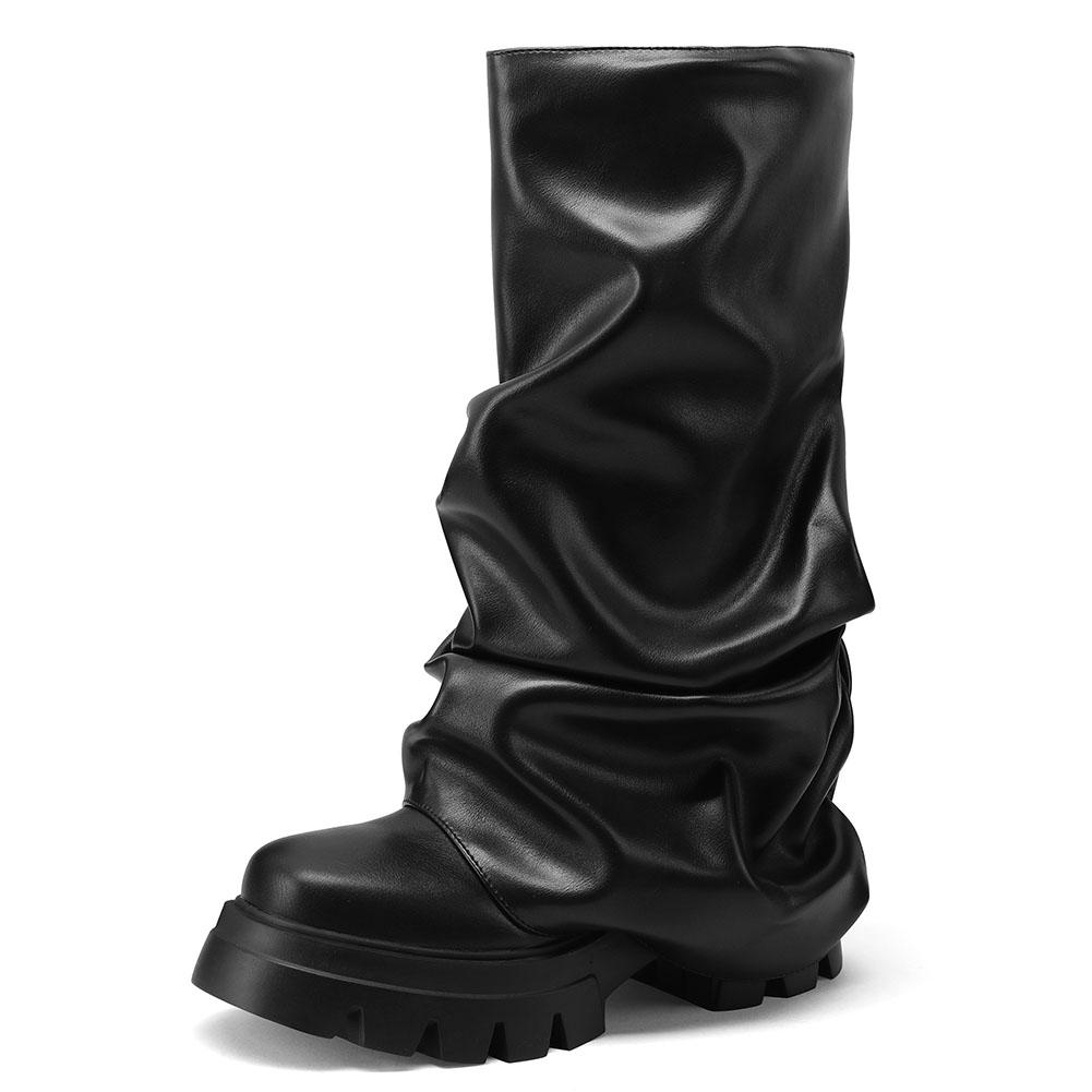 

Женские сапоги-сапоги с завышенной талией, модные плиссированные сапоги на толстом каблуке с круглым носком и платформой, с застежкой-молнией, до колена 9.5