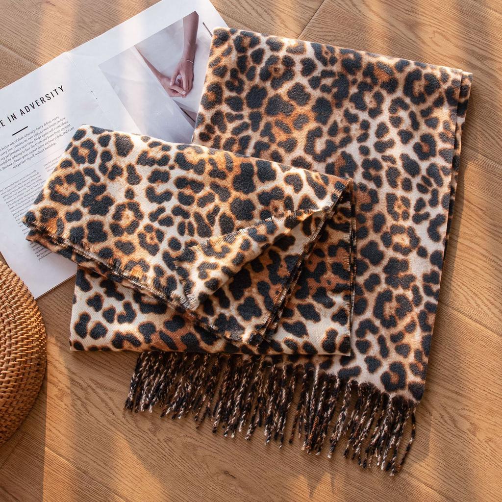 Autumn and Winter Leopard Print Scarf Large Shawl for Women Autumn and Winter New Double Sided Scarf Versatile Tassel Thickened Outer Wear