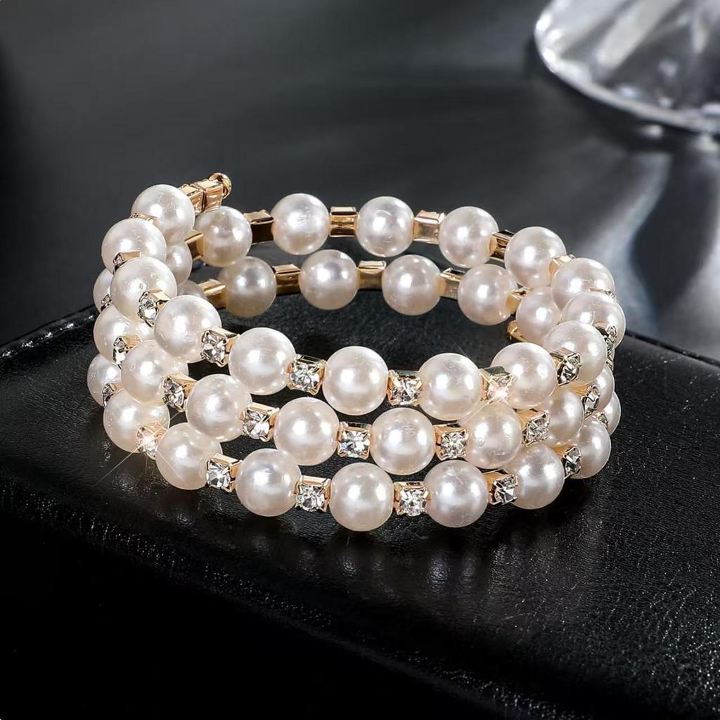 Multi-layer Pearl & Rhinestone Elastic Bracelet - Bridal Open Wrap Design