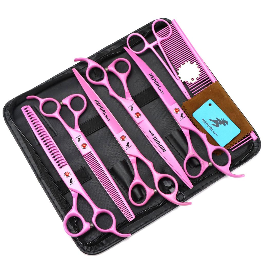 8.0 Inch Nimpson, 5 Packs Of Lacquered Pink, Pet Grooming Scissors, Straight Scissors, Set, Free Row Comb.