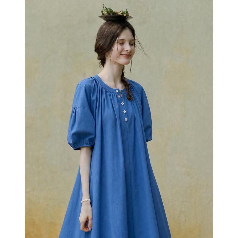 Demana Women s Oxygen Cotton Summer Relaxed Puff Sleeve Midi Dress M