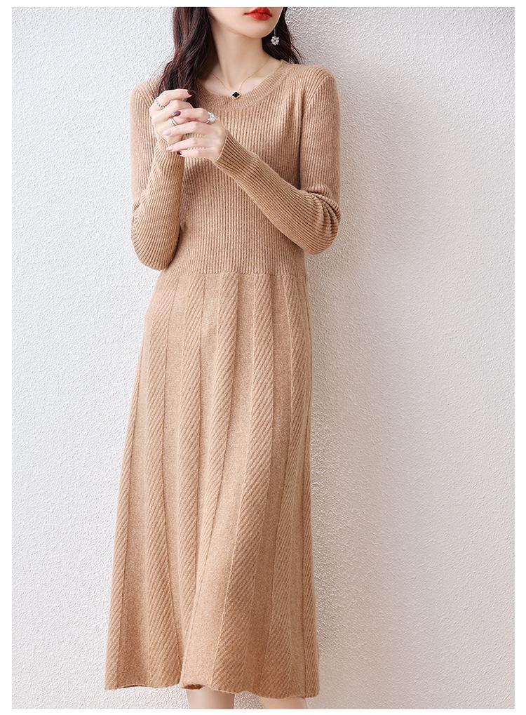 Women's Autumn Loose Merino Wool Crew Neck Sweater Dress Over-the-Knee