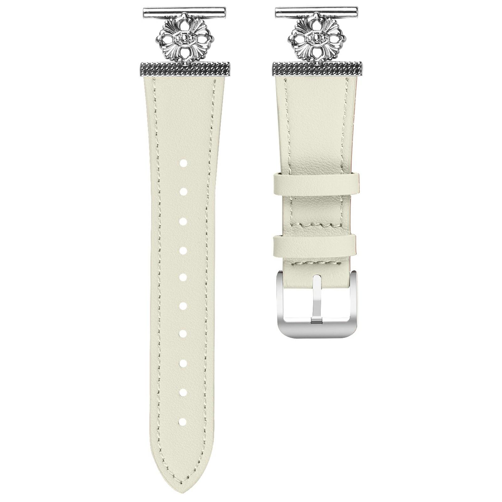 

For Huami Amazfit GTS 2e Watch Band Genuine Cow Leather Flower Decor Adjustable Strap White
