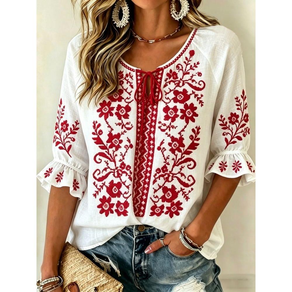 Women's White Floral Embroidery Tie Neck Blouse, Casual Loose Tops for Spring Summer Daily Wear & Vacation Occasions
