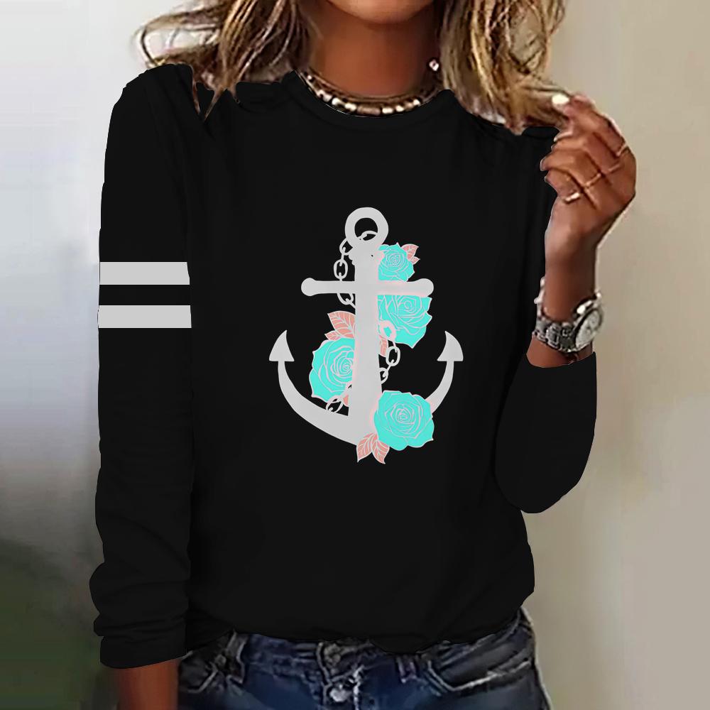 Herbst Frauen T Shirt Langarm Tops Anker Grafik Weibliche Kleidung Alltägliche Streetwear Oansatz Pullover Für frauen Tees 2023