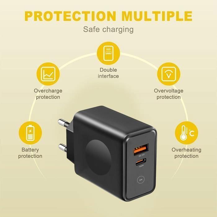 Laddare - E.F.CONNECTION - PD20W + QC 3.0 - 30W - 1 USB C-port och 1 USB A-port - Svart