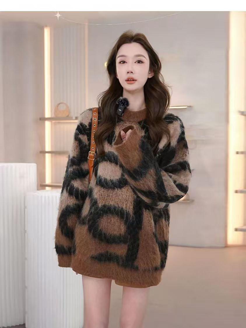 Women s French Chic Contrast Jacquard Knit Sweater - Soft, Fluffy, Loose Fit for Autumn/Winter XXL