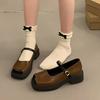 Mary Jane Shoes Female One Word Buckle with Thick Heel Shallow Mouth Single Shoes Female Retro Heightening Shoes
