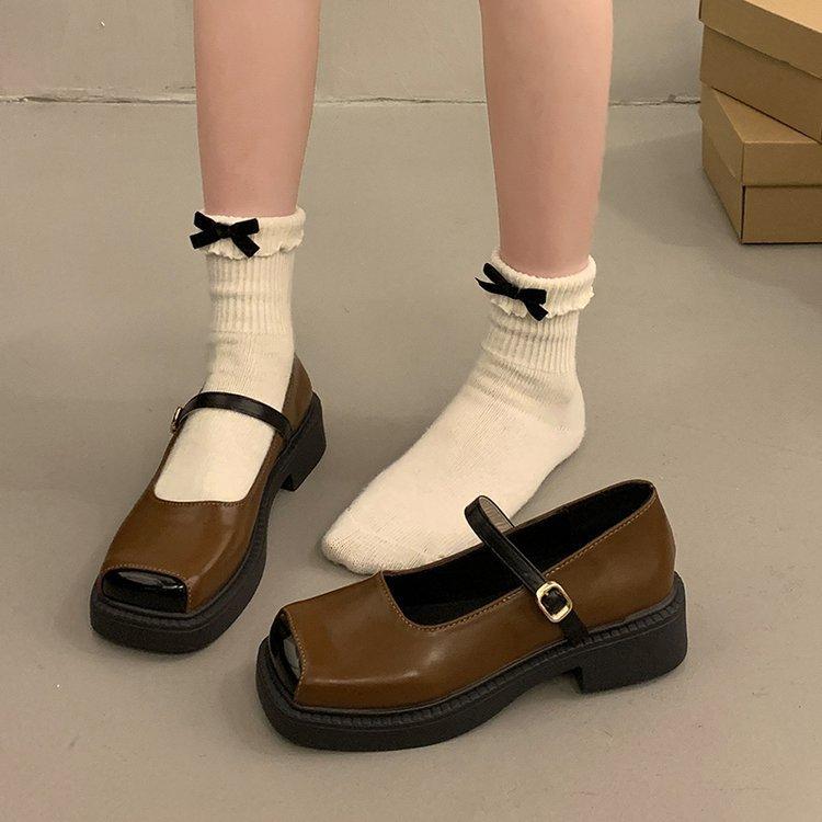 Mary Jane Shoes Female One Word Buckle with Thick Heel Shallow Mouth Single Shoes Female Retro Heightening Shoes