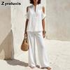 Nuovo Set Due Pezzi alla Moda con Temperamento, Manica Corta, Scollatura Bardot e Pantaloni Lunghi per Donna