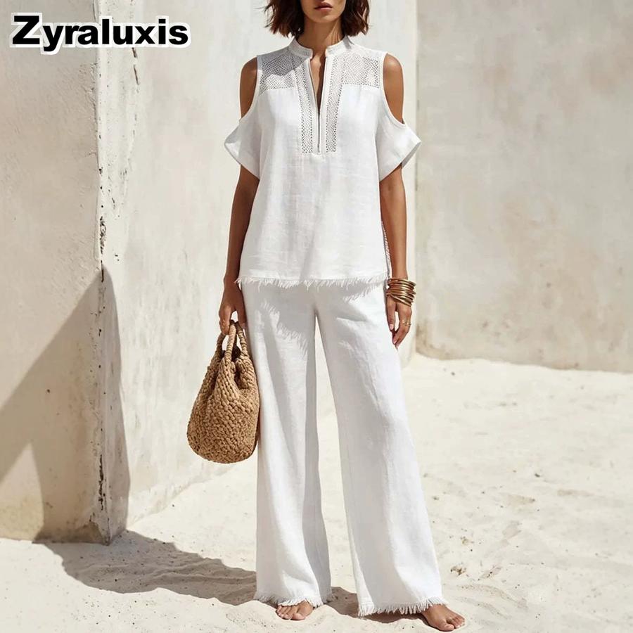 Nuovo Set Due Pezzi alla Moda con Temperamento, Manica Corta, Scollatura Bardot e Pantaloni Lunghi per Donna