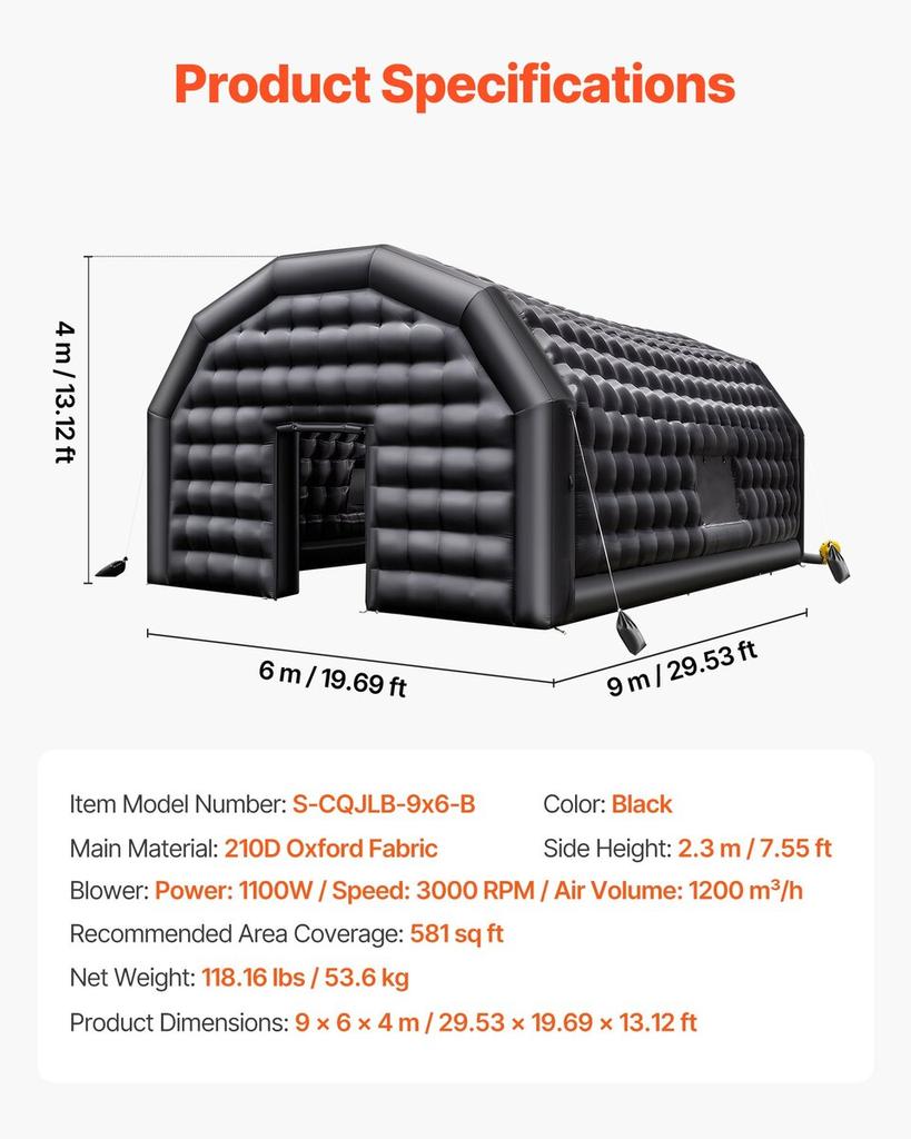 Inflatable Nightclub, 9 x 6 x 4 m Inflatable Party Tent with 1100W Blower & Sandbag, Ventilated Blow up Night Club with 2 Windows, Air Cube House for