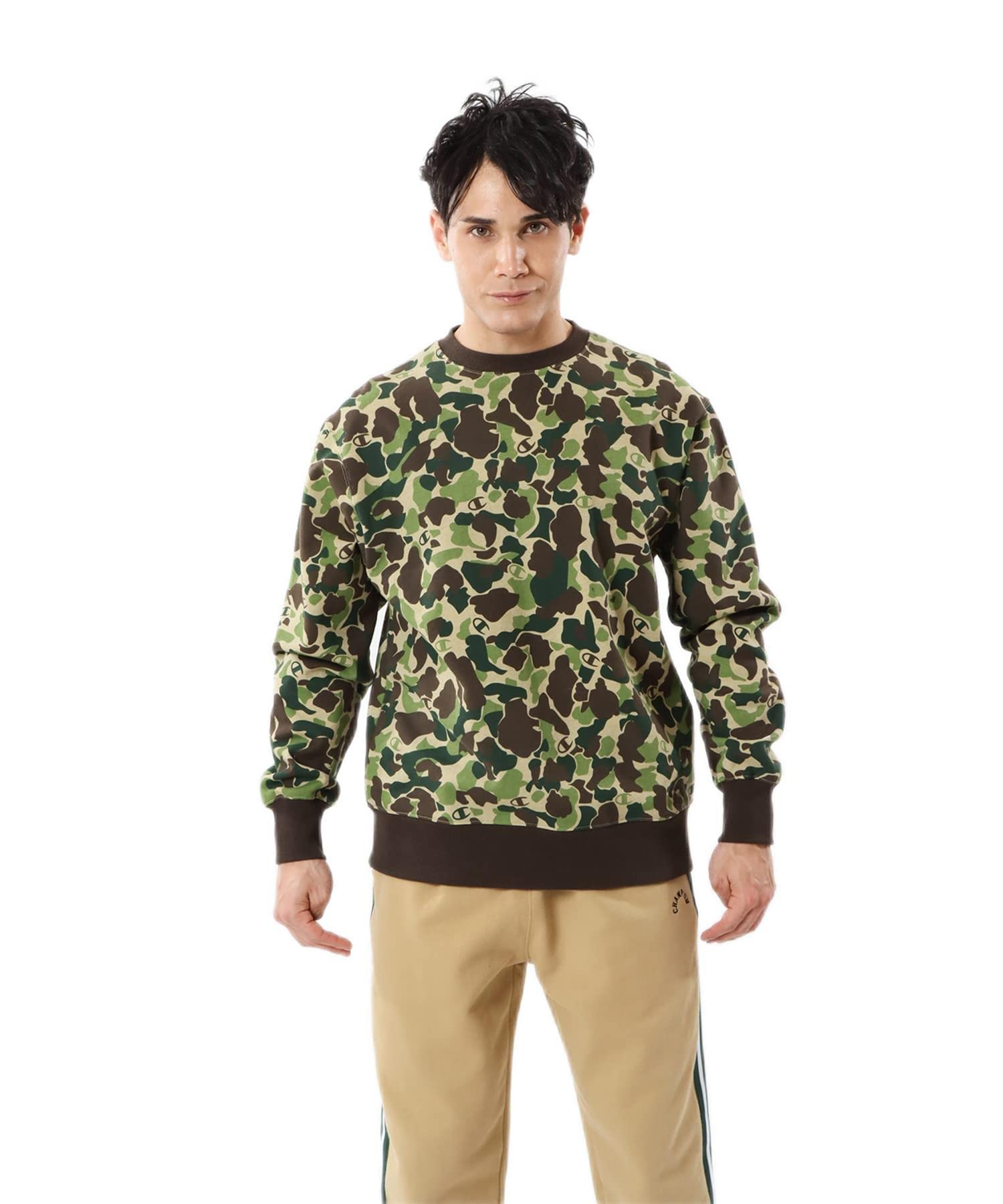 

Long Round USA Graphic Logo Camo Crew Neck Moss Green [Champion] Sweatshirt, Sleeve, Neck, 100% Cotton, Print, Sweatshirt, Men s Casual, C3-Y001 moss зелений колір