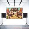 2D Rodeo Party Backdrop, Wild West Desert with Covered Wagons and Cactus Background