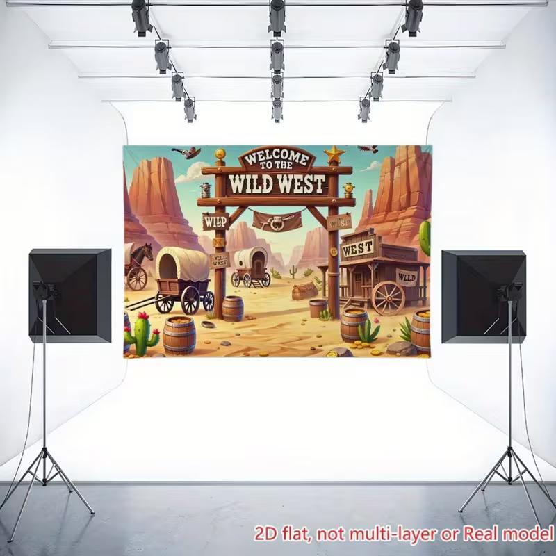 2D Rodeo Party Backdrop, Wild West Desert with Covered Wagons and Cactus Background