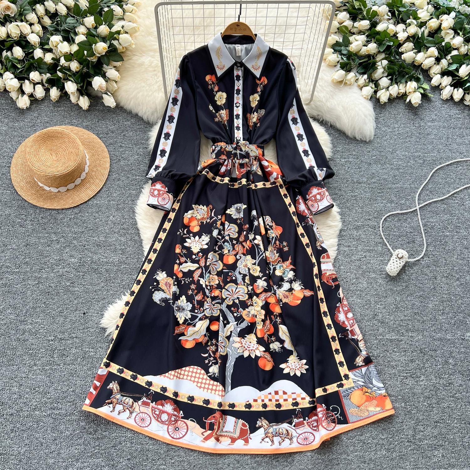 

Весна-лето Женские дизайнерские винтажные принты Подиумные платья с отложным воротником Длинное макси-платье-рубашка с поясом 2XL чёрный