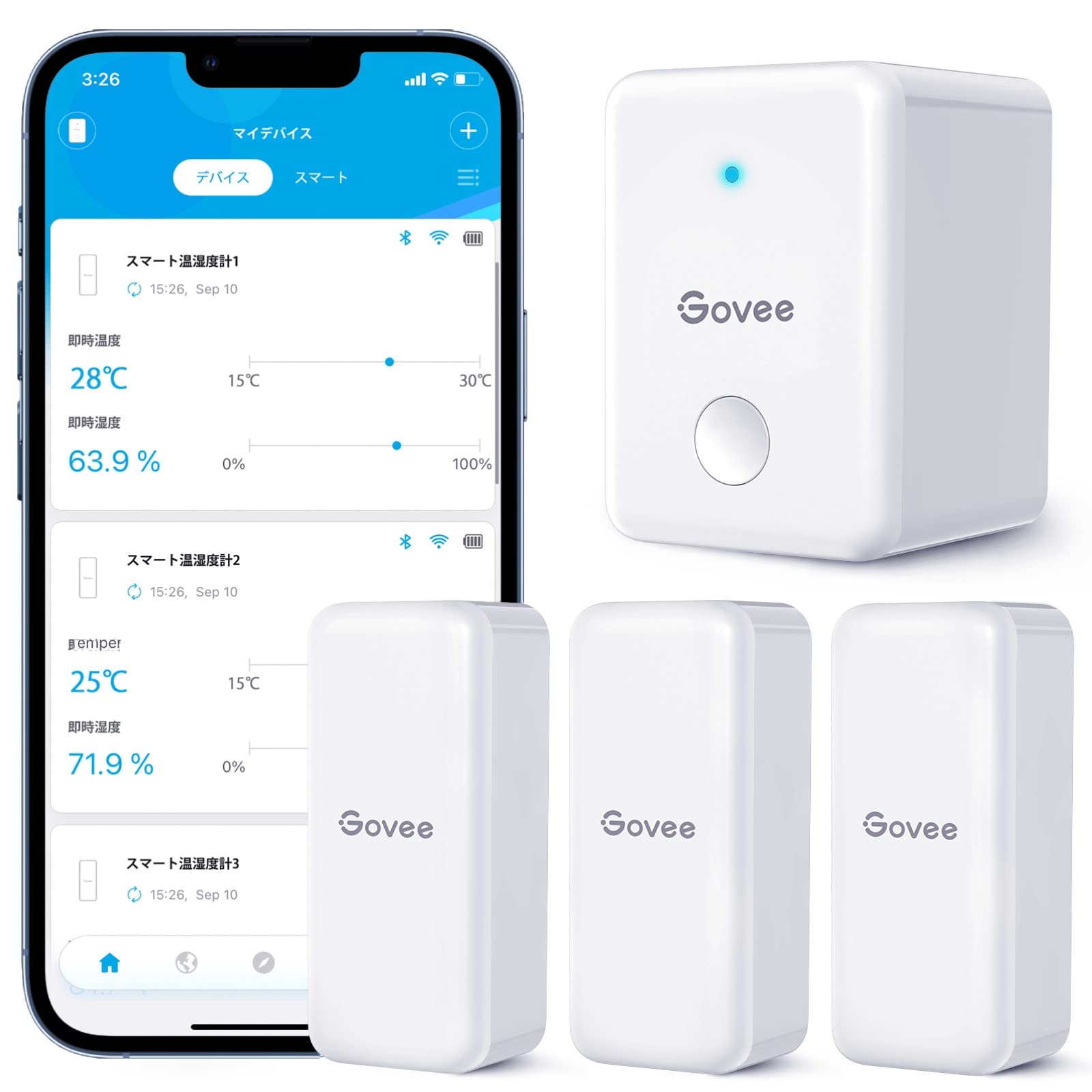 

Govee WiFi Термометр и гигрометр Цифровой беспроводной Высокая точность Сигнализация предотвращения пересушивания Уведомление об аномалии Интерьерный Компактный 3 датчика 1 белый