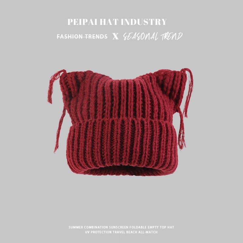 Personalized Embroidered Logo Adults Women Winter Knitted Hat Custom Cute Cat Ears Beanie adult
