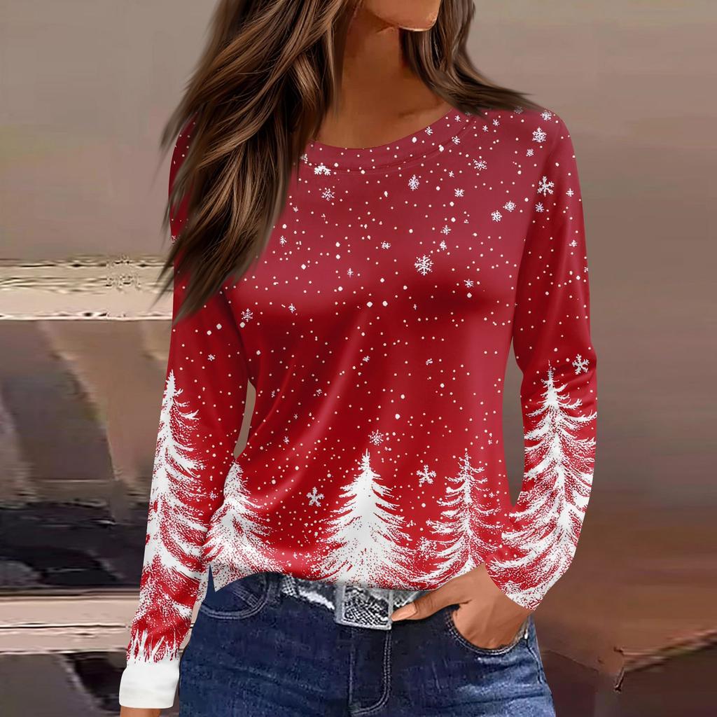 Women's Fashion Casual Slit Hem Round Neck Long Sleeve Loose Christmas Printed T-Shirt Ladies Top
