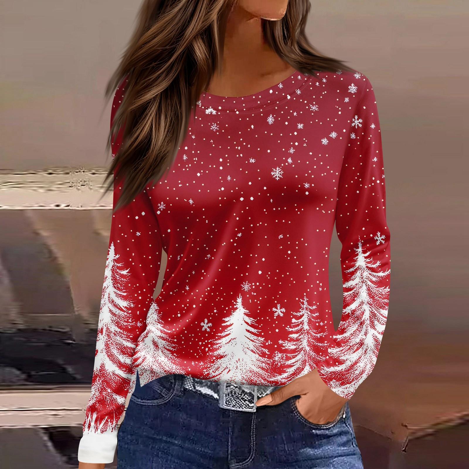 

Женская модная повседневная футболка с разрезом по низу, круглым вырезом, длинными рукавами, свободного кроя, с рождественским принтом, женский топ L