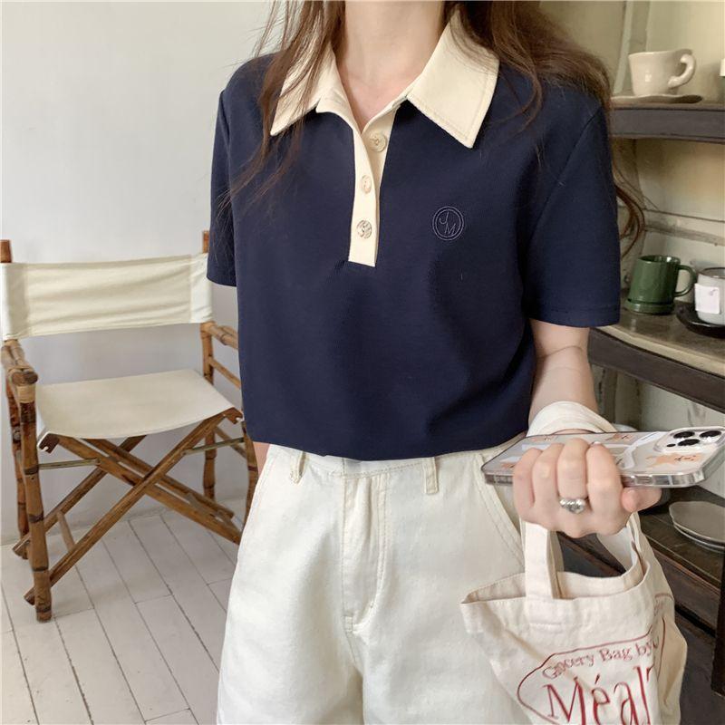 

Summer Women s Lapel Short Sleeved Tops Contrasting Color Splicing Casual T-shirt Japanese College Style Lady Pullover XXL темно-синий