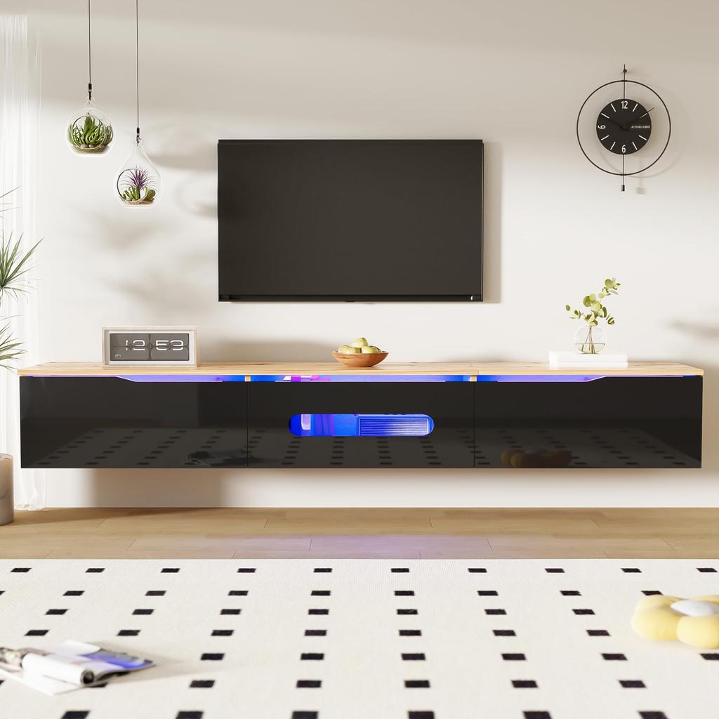 TV-Schrank, Hochglanz TV-Board, 16-Farben LED-Beleuchtung, wandmontierbar Fernsehtisch mit App-gesteuert, für Wohnzimmer