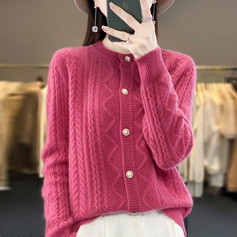 New Crew Neck Knitted Autumn and Winter Coat Casual Versatile Twist Loose Cardigan Sweater Women